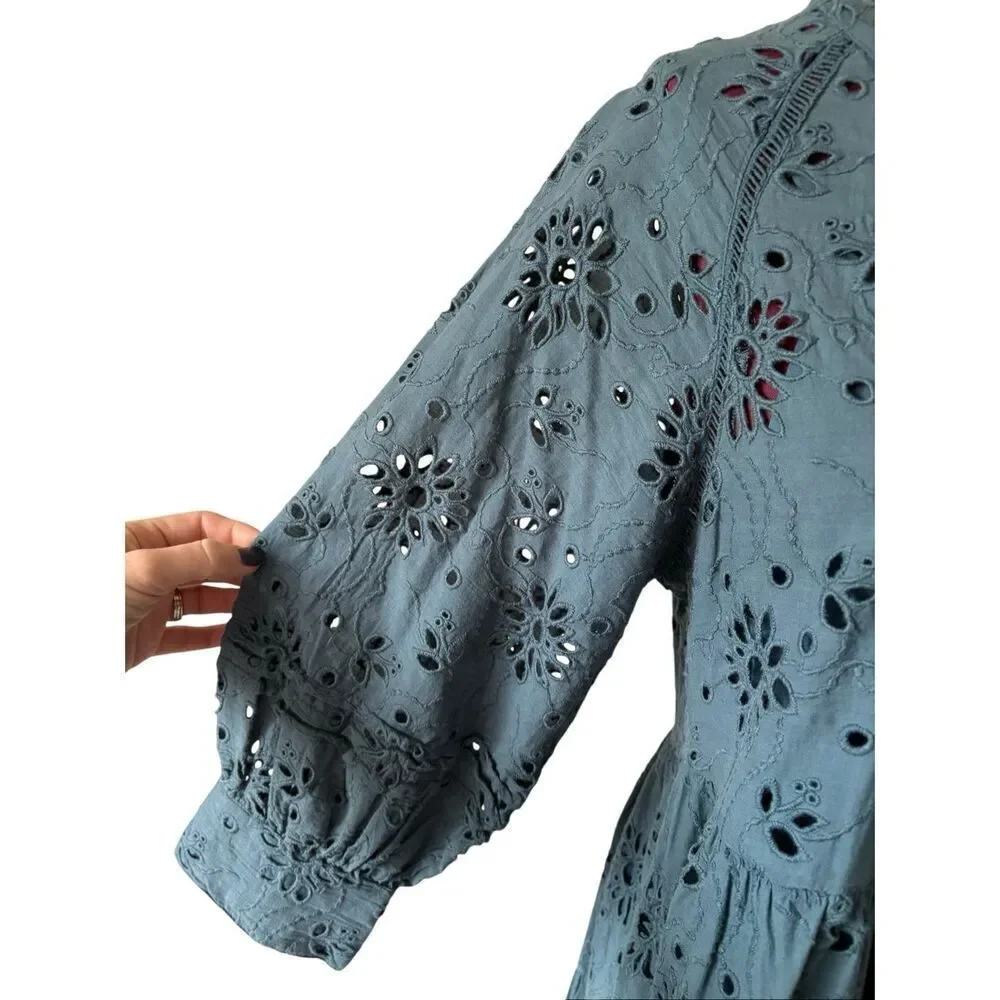 DRA Los Angeles Teal‎ Eyelet Dress Anthropologie Size Small Quarter Sleeves